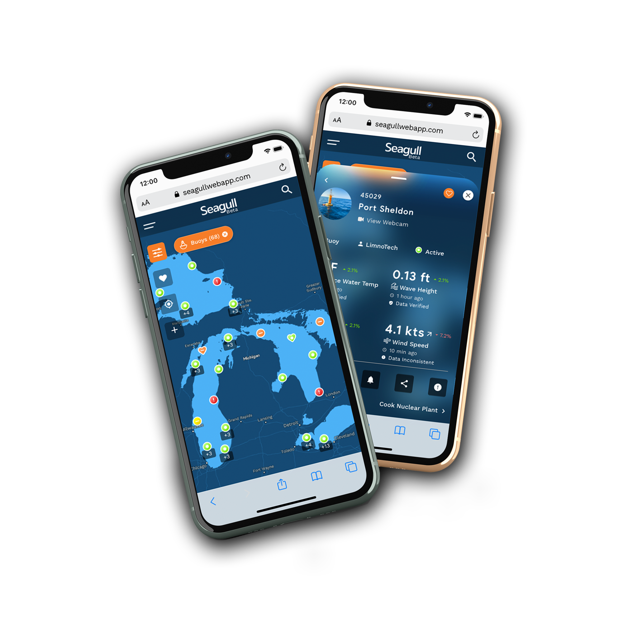 Seagull mobile application map and dashboard shown on two mobile devices